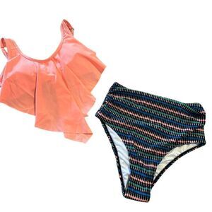 COSKAKA Women's XS Bikini Set Coral Top Geometric High-Waist Bottom